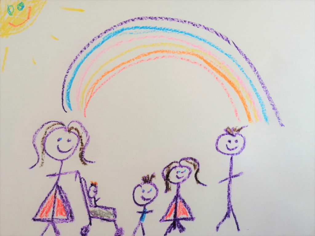 Lizzy and her children drawn in crayon by one of her children standing below a rainbow