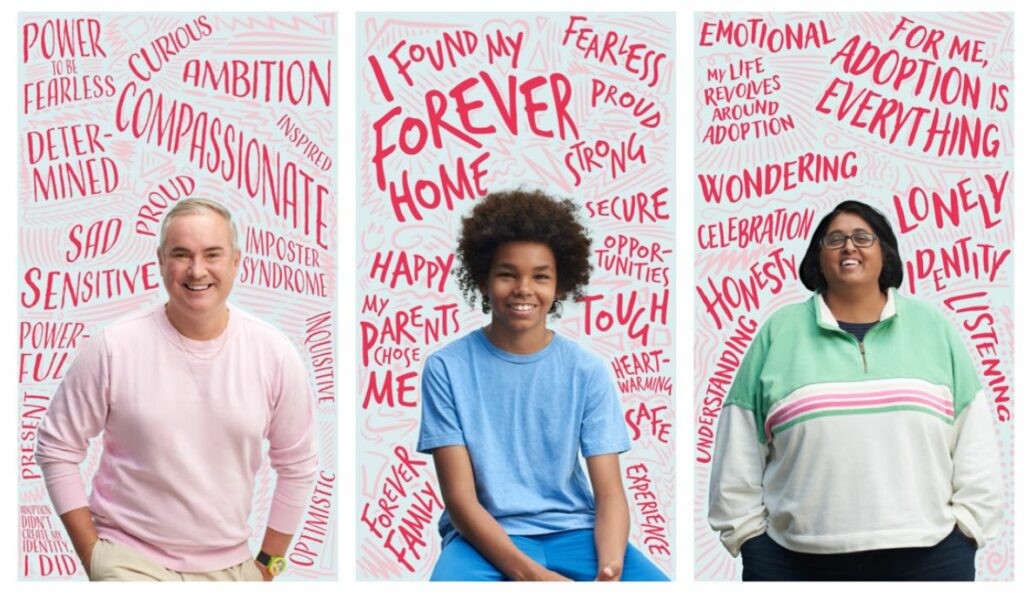 Three different adopted people posing with text surrounding them relating to adoption