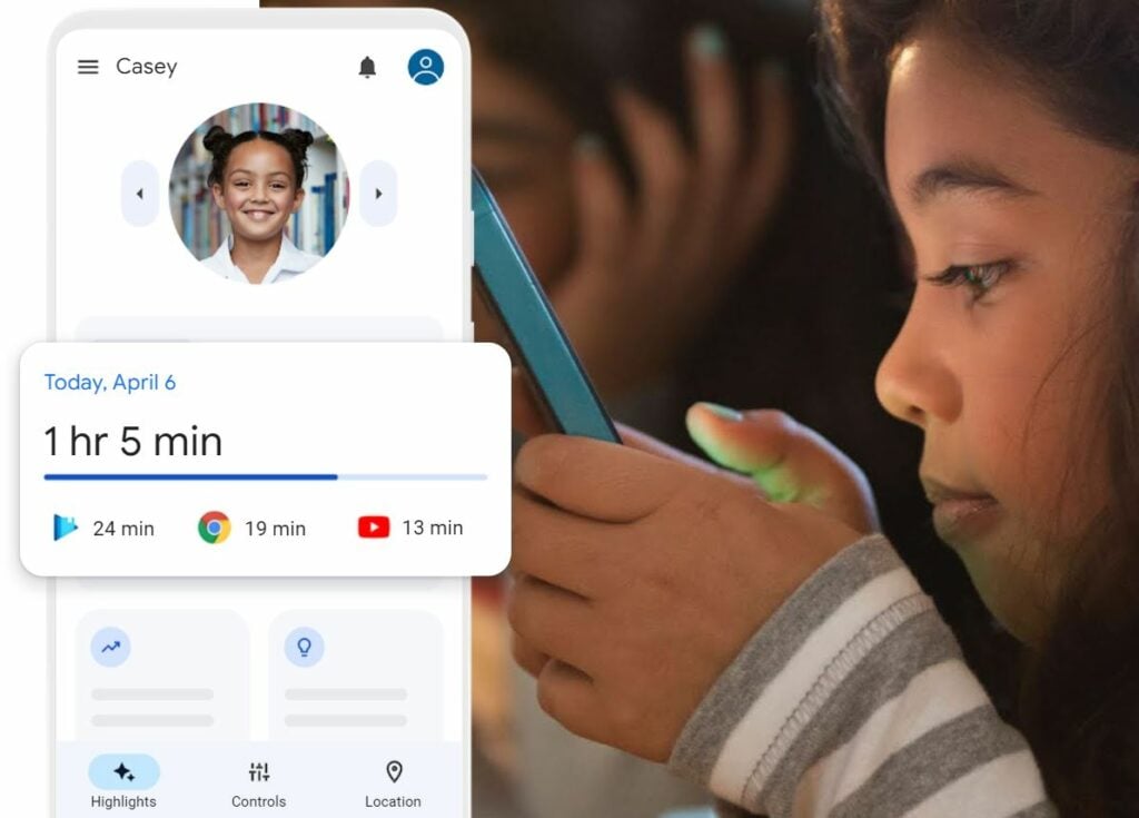 School age mixed race girl stares at her mobile screen, on top is a screen shot of the Google Family Link app