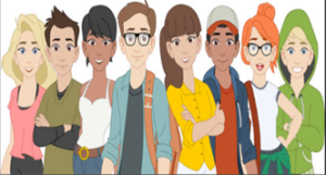 Cartoon graphic of a diverse group of teenagers