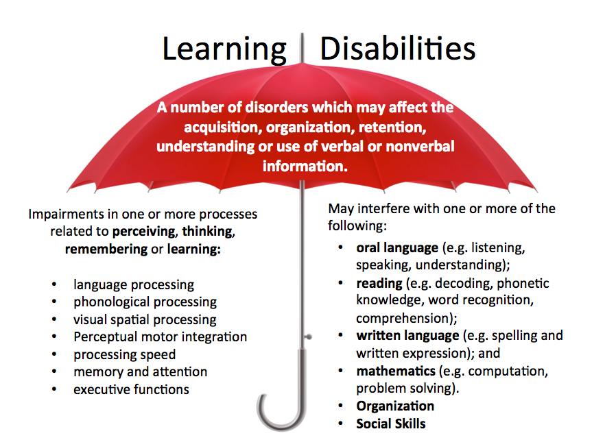 learning disabilities umbrella with terms listed