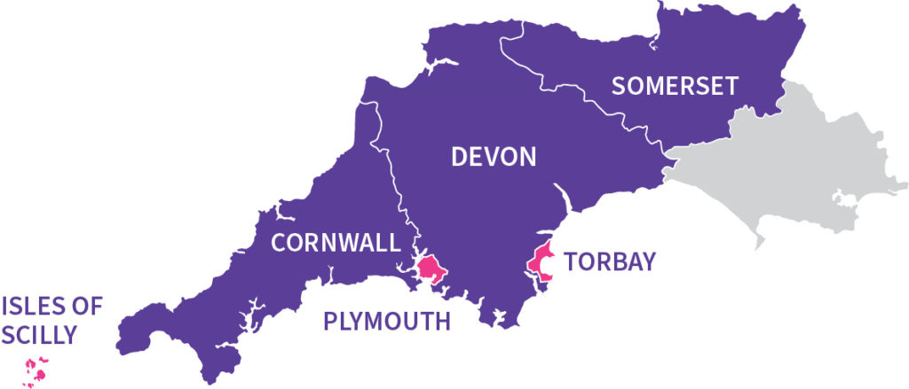 Map of the Adopt South West region: Cornwall and the Isles of Scilly, Devon, Plymouth, Torbay and Somerset