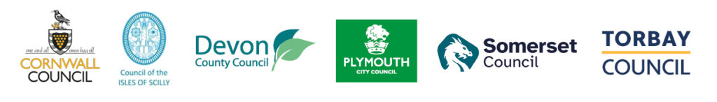 The logos of all the local authorities who use Adopt South West as their adoption agency. Cornwall and the Isles of Scilly, Devon, Plymouth, Somerset and Torbay.