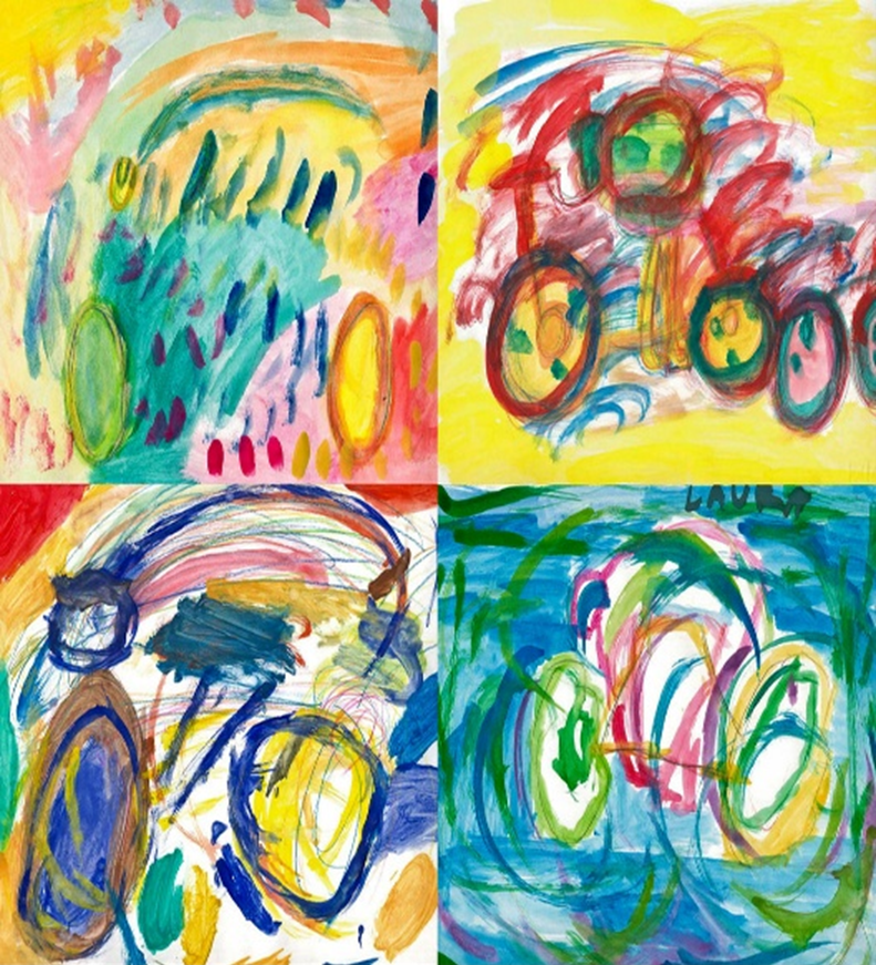 Four different paintings by children, all showing circles in bright colours.