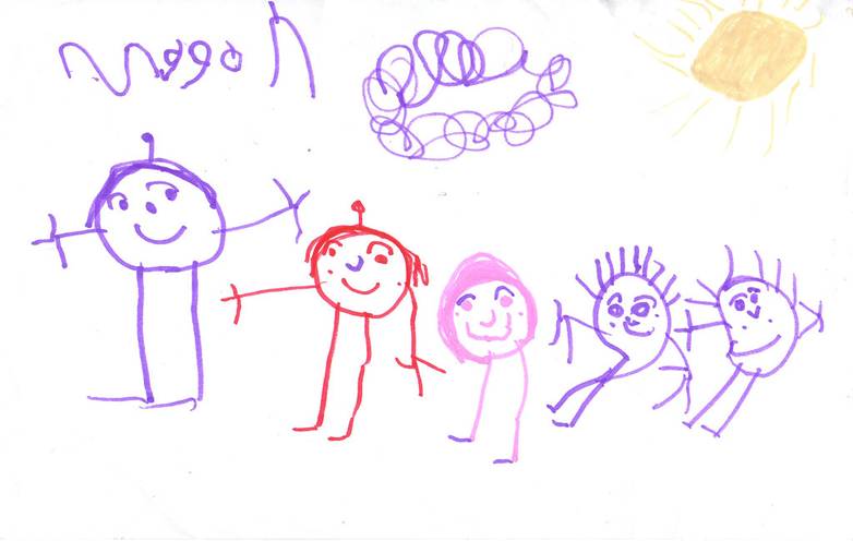 A child's drawing of a family with a sun on one corner.